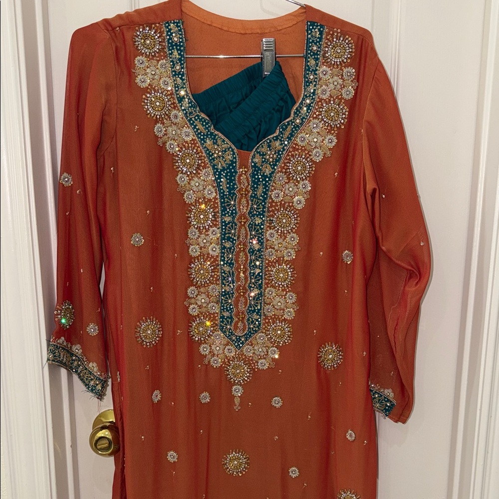 Embellished Orange & Teal Kurta with Intricate Beading